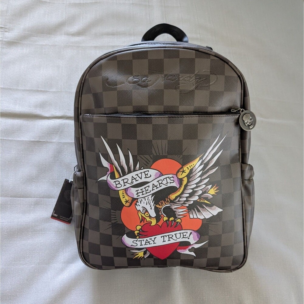 Ed Hardy Checkered Eagle Tattoo Print Faux Leather Backpack NEW!